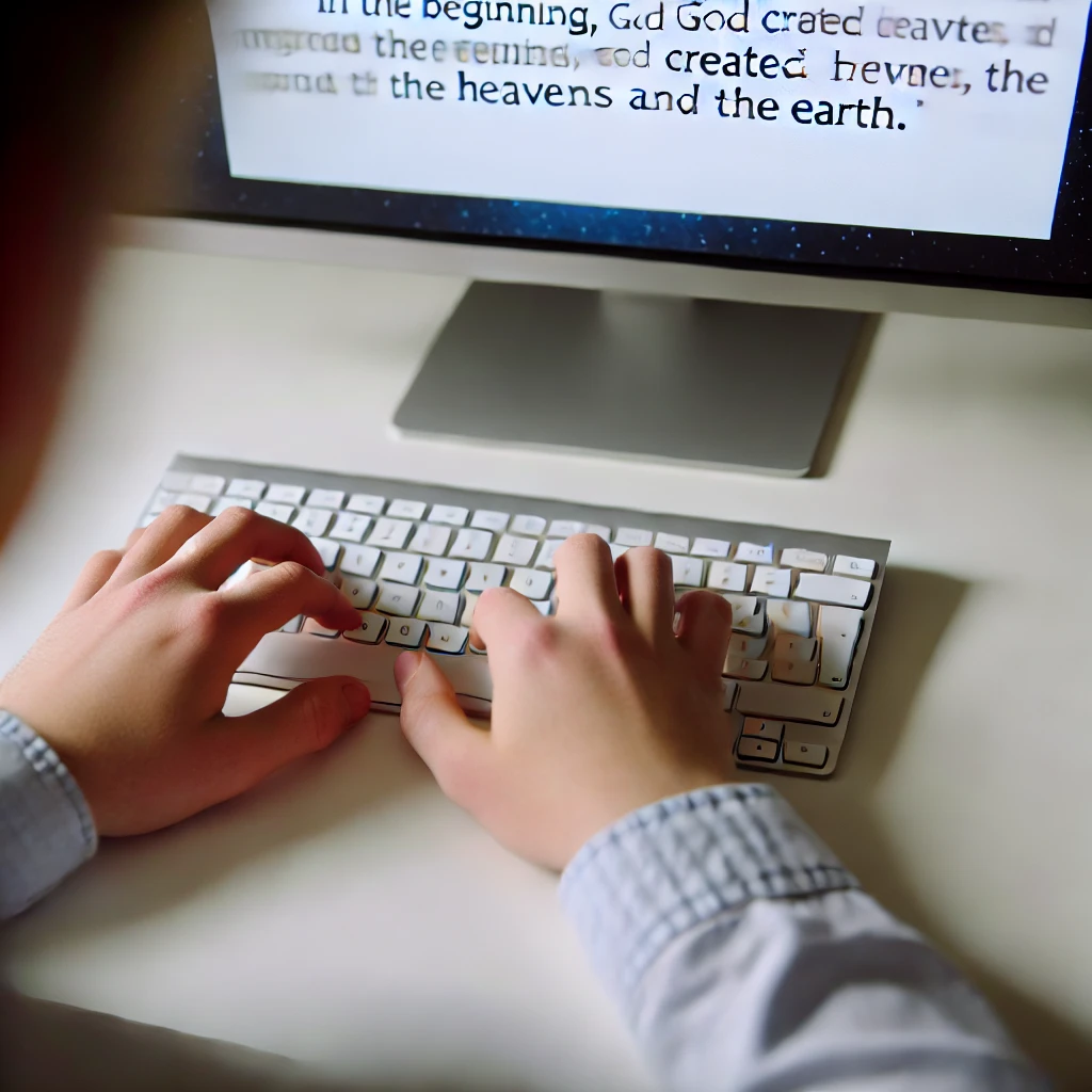 Person typing on a keyboard with biblical text